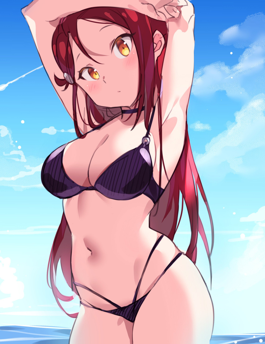absurdres armpits arms_up bikini blue_sky blush bow breasts cleavage cloud day groin hair_bow highres large_breasts long_hair looking_at_viewer love_live! love_live!_sunshine!! navel ocean red_hair sakurauchi_riko sideboob skindentation sky solo swimsuit tem10 thighs water yellow_eyes