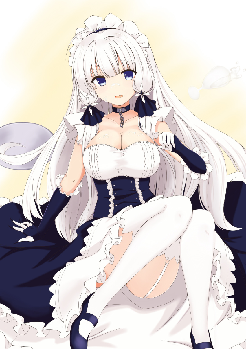 absurdres ahoge azur_lane bangs belfast_(azur_lane) belfast_(azur_lane)_(cosplay) blue_eyes blunt_bangs breasts chain cleavage collar collarbone corset cosplay cream cream_on_face elbow_gloves eyebrows_visible_through_hair food food_on_face garter_straps gloves highres illustrious_(azur_lane) large_breasts long_hair looking_at_viewer maid_headdress mamizu open_mouth silver_hair simple_background sitting solo thighhighs very_long_hair white_background white_legwear