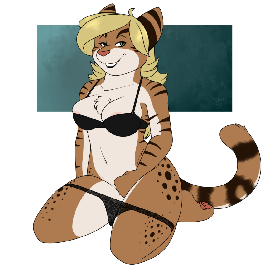 anthro blonde_hair breasts cat chest_tuft clothing feline female green_eyes hair kneeling looking_at_viewer mammal mostly_nude nipples os panties panties_down pink_nose smile solo suggestive tiger tuft underwear