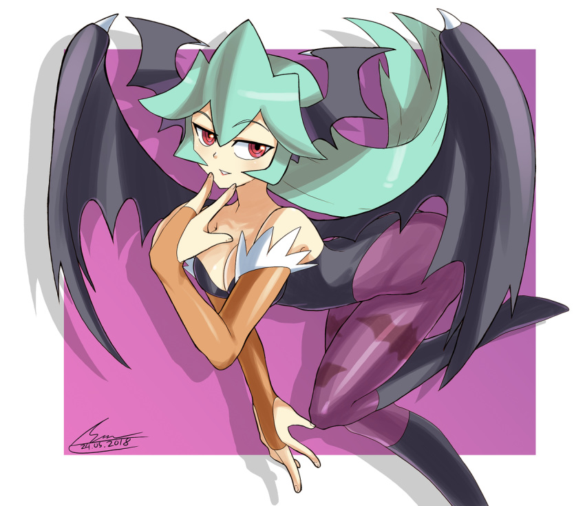 1girl arched_back bare_shoulders bat_print bat_wings blush breasts bridal_gauntlets capcom cleavage company_connection cosplay crossover dated demon_girl elbow_gloves eyebrows_visible_through_hair fingerless_gloves flying green_hair head_wings leotard long_hair looking_at_viewer looking_to_the_side morrigan_aensland morrigan_aensland_(cosplay) one_leg_raised pandora_(rockman) print_legwear purple_legwear red_eyes rockman rockman_zx shoutaro_saito sidelocks signature smile solo succubus vampire_(game) wings