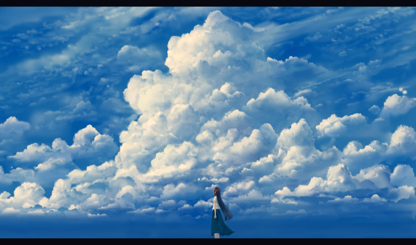 ahoge blue_skirt blue_sky brown_hair cloud cloudy_sky commentary_request facing_away from_side letterboxed long_hair original outdoors sakimori_(hououbds) shirt short_sleeves skirt sky solo standing very_long_hair white_shirt