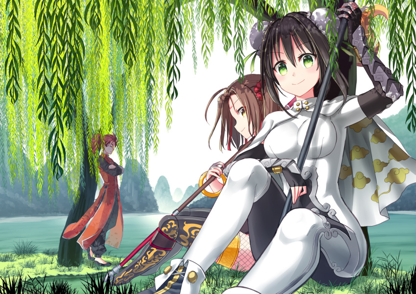 1boy 2girls arm_guards bangs black_gloves black_hair black_pants bodysuit breasts brown_hair bun_cover cape changpao china_dress chinese_clothes closed_mouth cloud_print coconat_summer day double_bun dress eyebrows_visible_through_hair facial_mark fate/grand_order fate_(series) fingerless_gloves fishnet_pantyhose fishnets forehead_mark gloves green_eyes hair_ornament hair_scrunchie holding holding_weapon knee_up knees_up li_shuwen_(fate/grand_order) medium_breasts multiple_girls nezha_(fate/grand_order) outdoors pants pantyhose profile qin_liangyu_(fate) red_hair red_scrunchie river scrunchie sidelocks sitting skin_tight smile standing thighs tree twintails weapon white_cape yellow_eyes