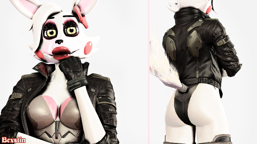 3d_(artwork) animatronic anthro bexstinsfm butt canine clothed clothing crossgender digital_media_(artwork) female five_nights_at_freddy's five_nights_at_freddy's_2 footwear fox gloves hair jacket leather leather_gloves leather_jacket legwear looking_at_viewer machine mammal mangle_(fnaf) pose robot simple_background smile solo source_filmmaker standing video_games