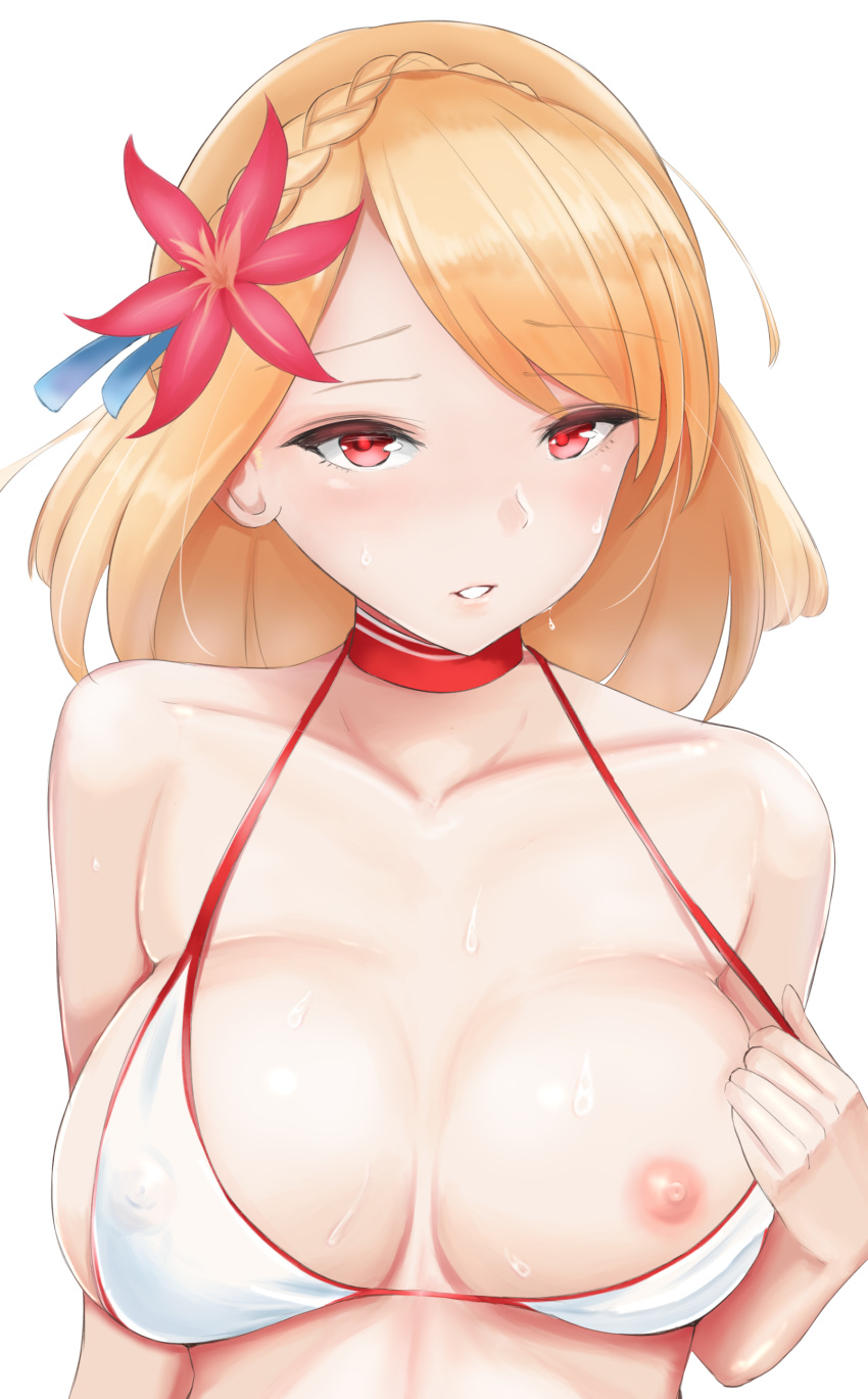 absurdres alternate_costume areolae azur_lane bangs bare_shoulders bikini bikini_tug blonde_hair blush braid breasts collarbone earrings eyebrows_visible_through_hair flashing flower french_braid hair_flower hair_ornament highres jewelry large_breasts li_(pixiv_10103907) looking_at_viewer nipples parted_lips prince_of_wales_(azur_lane) red_eyes short_hair simple_background solo swept_bangs swimsuit wet white_background