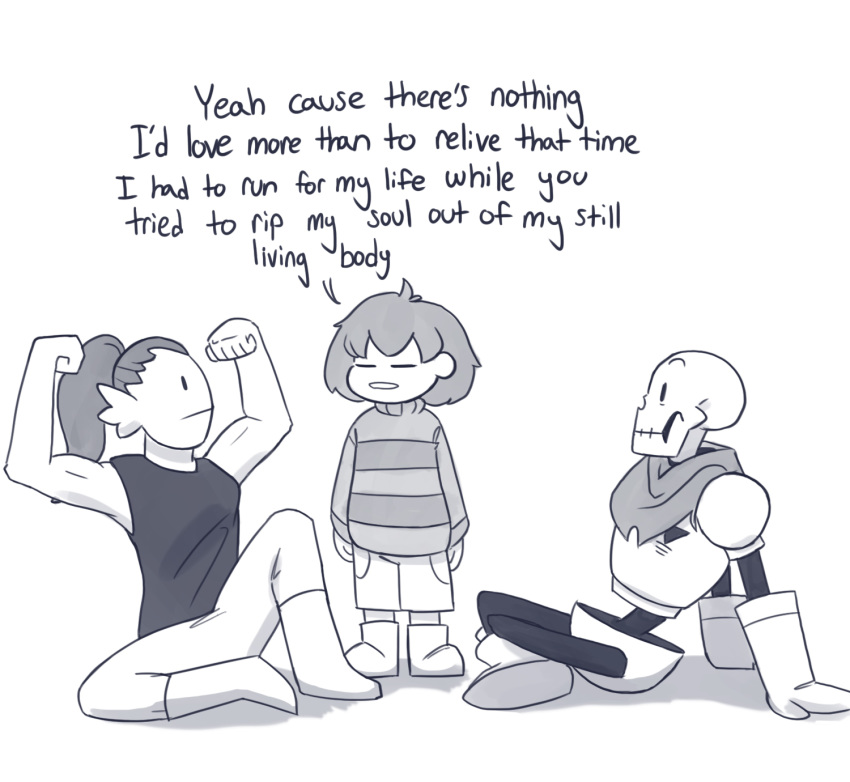 ambiguous_gender animated_skeleton anthro bone clothing dialogue english_text female fish flexing group human humming-fly male mammal marine monochrome papyrus_(undertale) protagonist_(undertale) simple_background sitting skeleton text undead undertale undyne video_games white_background