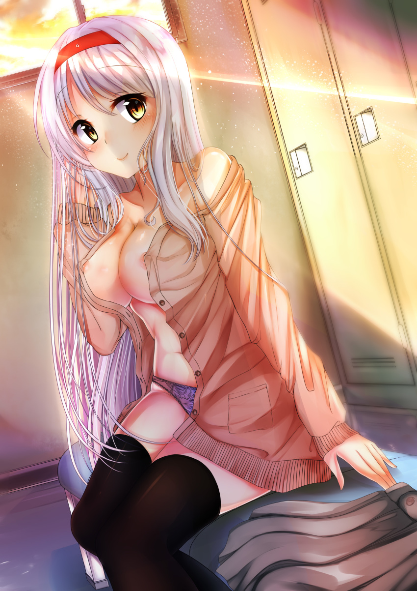 absurdres alternate_costume areola_slip areolae bangs bare_shoulders black_legwear blush breasts brown_eyes cardigan casual closed_mouth covered_nipples dust_particles evening eyebrows_visible_through_hair hairband hand_in_hair headband highres hiragi_ringo indoors kantai_collection large_breasts light_rays lingerie locker locker_room long_hair long_sleeves navel no_bra off_shoulder open_cardigan open_clothes panties pleated_skirt pocket purple_panties red_headband shoukaku_(kantai_collection) sidelocks sitting skindentation skirt skirt_removed smile solo stomach tareme thighhighs thighs underwear white_hair window