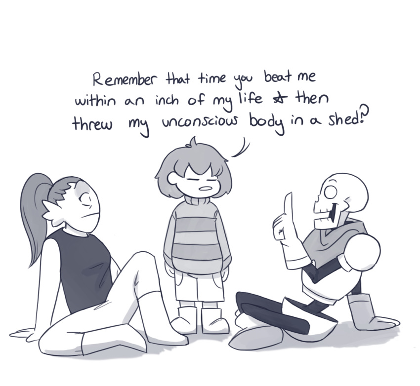 ambiguous_gender animated_skeleton anthro bone clothing dialogue english_text eyes_closed female fish group human humming-fly male mammal marine monochrome papyrus_(undertale) protagonist_(undertale) simple_background sitting skeleton text undead undertale undyne video_games white_background