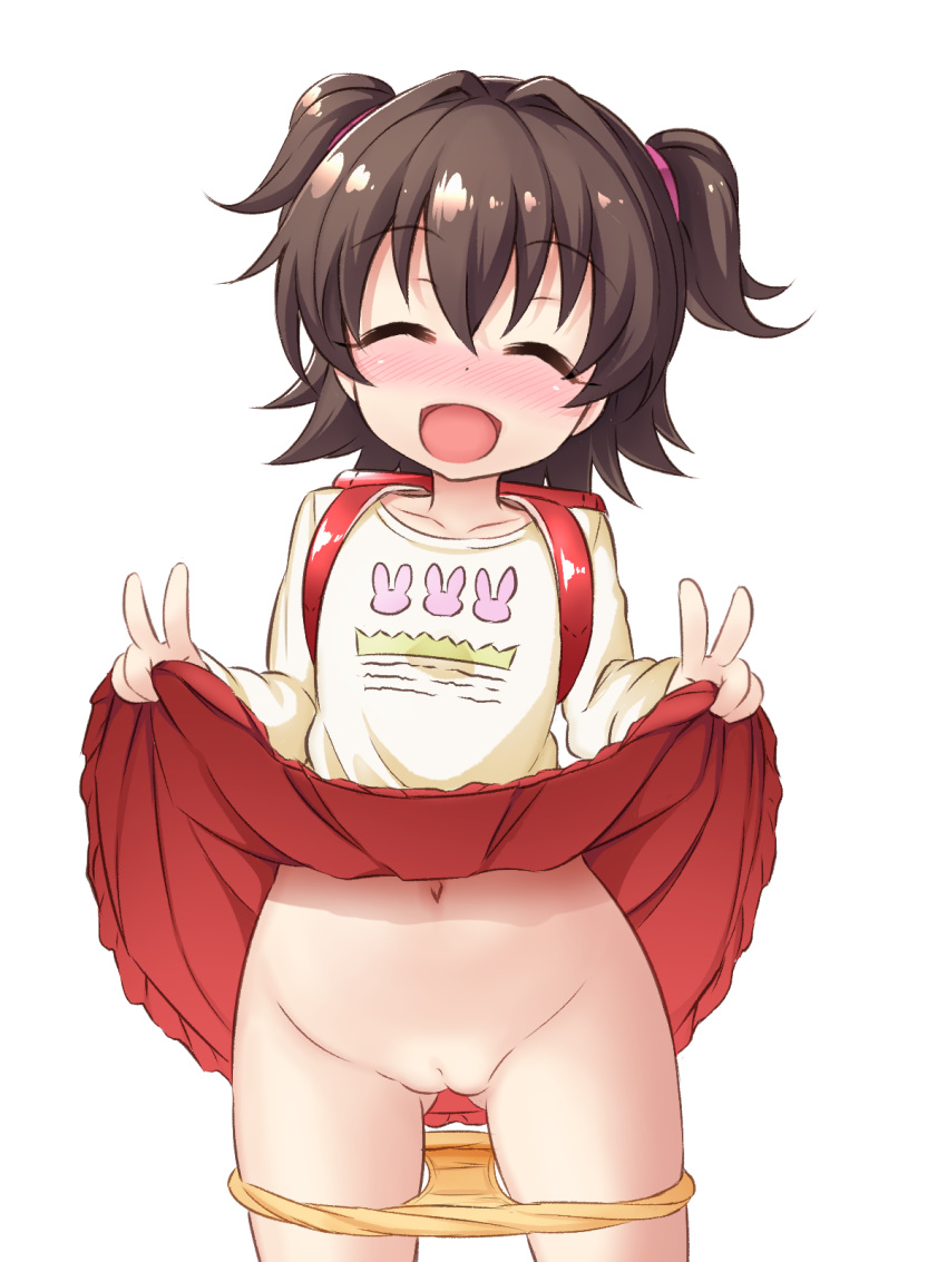 1girl akagi_miria black_hair blush collarbone cowboy_shot double_v eyebrows_visible_through_hair eyes_closed female flat_chest gluteal_fold hair_between_eyes idolmaster idolmaster_cinderella_girls lifted_by_self long_sleeves musouzuki navel open_mouth panties panty_pull pussy red_skirt shirt simple_background skirt solo standing transparent transparent_background