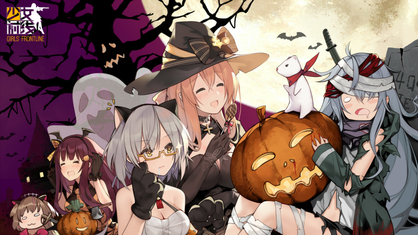 &gt;_&lt; /\/\/\ 5girls :3 alternate_costume animal_ears axe bandaged_head bandaged_leg bandages bangs bare_shoulders bare_tree bat_ornament black_bow black_gloves black_hat blush bow breasts brown_hair cat_ears cleavage closed_eyes closed_mouth collar copyright_name dress drooling earrings eyebrows_visible_through_hair fake_animal_ears food food_themed_hair_ornament full_moon g11_(girls_frontline) ghost girls_frontline glasses gloves grey_hair hair_between_eyes hair_ornament hair_rings hairband halloween halloween_costume hat hat_bow headband highres holding holding_food jack-o'-lantern jewelry knife knife_in_head large_breasts logo long_hair m1903_springfield_(girls_frontline) mink mk_23_(girls_frontline) moon multicolored_hair multiple_girls official_art open_mouth paw_gloves paws pink_hair pumpkin pumpkin_hair_ornament saber_(weapon) scarf semi-rimless_eyewear short_hair sidelocks sitting smile sparkle streaked_hair suisai sword symbol-shaped_pupils tombstone torn_clothes tree vector_(girls_frontline) wa2000_(girls_frontline) weapon witch witch_hat yellow_eyes