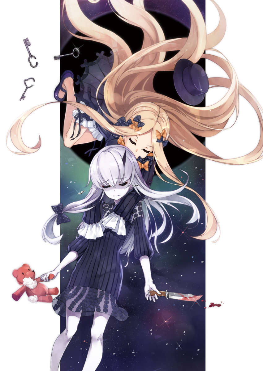 abigail_williams_(fate/grand_order) bangs black_bow black_dress black_footwear black_hat blonde_hair blood bloomers bow bug butterfly closed_eyes commentary damaged dress facing_viewer fate/grand_order fate_(series) glint hair_bow hat hat_removed headwear_removed highres holding holding_knife holding_stuffed_animal horn hug hug_from_behind insect key knife lavinia_whateley_(fate/grand_order) long_hair long_sleeves mary_janes multiple_girls orange_bow parted_bangs pixiv_fate/grand_order_contest_2 polka_dot polka_dot_bow shoes silver_hair sleeves_past_fingers sleeves_past_wrists star_(sky) stuffed_animal stuffed_toy teddy_bear toki/ underwear very_long_hair white_bloomers