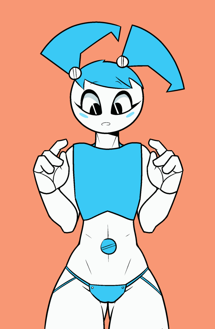 android animated areola blue_skin blush bouncing_breasts breasts clothed clothing dabbledraws exposed female flashing humanoid jenny_wakeman machine my_life_as_a_teenage_robot navel nickelodeon not_furry open_mouth open_shirt panties pigtails robot simple_background smile solo tan_background thigh_gap underwear white_body