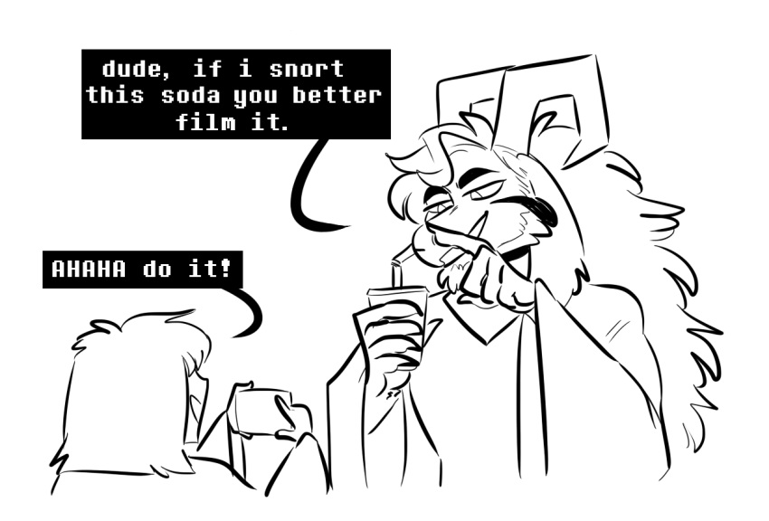 ancientbot asriel_dreemurr boss_monster caprine dialogue english_text hair horn human humor long_ears long_hair mammal monochrome protagonist_(undertale) text undertale video_games