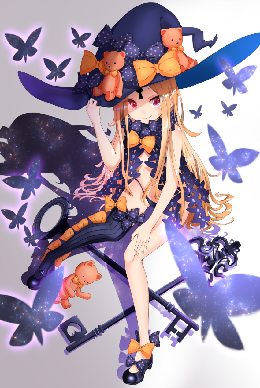 black_bow black_dress black_hat black_legwear black_panties blonde_hair bow bow_legwear bug butterfly commentary_request dress fate/grand_order fate_(series) full_body hand_on_headwear hat hat_bow highres insect key keyhole long_hair looking_at_viewer mary_janes navel orange_bow oreki_reki oversized_object panties pixiv_fate/grand_order_contest_2 red_eyes revealing_clothes shadow shoes single_thighhigh sitting skull_print smile star star_print starry_sky_print stuffed_animal stuffed_toy teddy_bear thighhighs underwear very_long_hair witch_hat