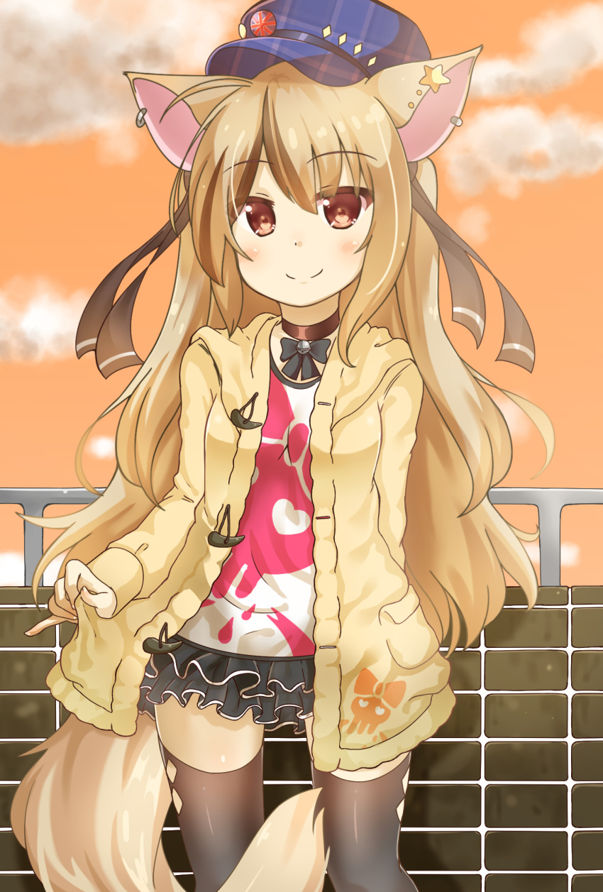 animal_ears blonde_hair brown_eyes brown_hair chaakusu coat coat_lift collar commentary_request earrings fennery_(show_by_rock!!) fox_ears fox_tail hat highres jewelry long_hair miniskirt multicolored_hair shirt show_by_rock!! skirt skull_print smile streaked_hair t-shirt tail thighhighs twilight two-tone_hair zettai_ryouiki