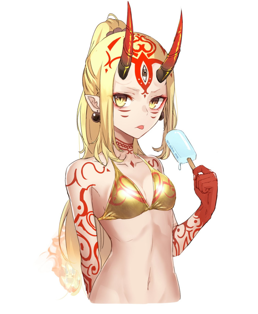 arm_tattoo bare_shoulders bikini bikini_top blonde_hair breasts brown_eyes closed_mouth collarbone earrings facial_mark fate/grand_order fate_(series) food forehead_mark high_ponytail highres holding holding_food horns ibaraki_douji_(fate/grand_order) jewelry long_hair looking_at_viewer navel oni oni_horns pointy_ears ponytail popsicle shoulder_tattoo sidelocks simple_background small_breasts solo swimsuit tattoo tongue tongue_out twitter_username upper_body very_long_hair white_background yellow_bikini yukihama