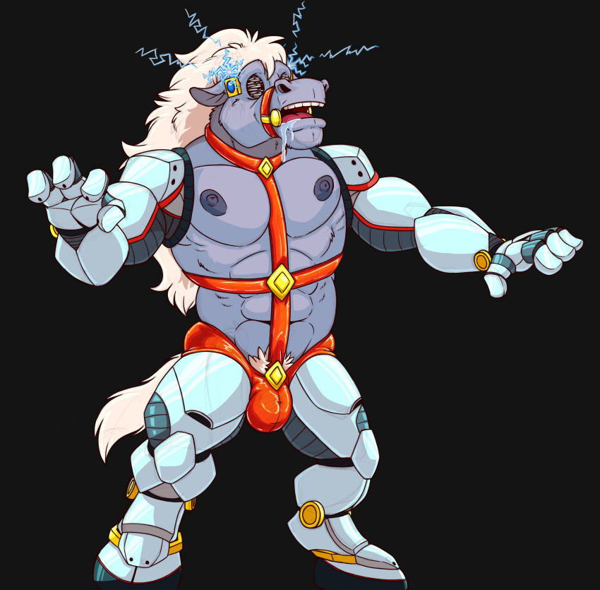 2018 4_fingers abs absurd_res anthro bit_gag black_background brainwashing bravestarr bulge clothed clothing cybernetics cyborg digital_drawing_(artwork) digital_media_(artwork) equine gag gagged griz_urso hair harness_bit_gag hi_res horse machine male mammal muscular muscular_male muzzle_(object) muzzled nipples simple_background solo standing thirty_thirty white_hair