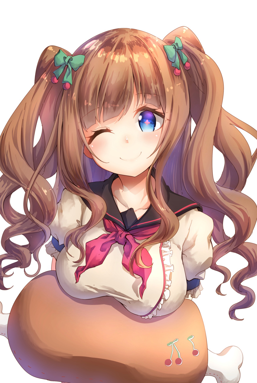 .live absurdres bangs blue_eyes boned_meat bow breast_rest breasts brown_hair closed_mouth collarbone commentary_request cushion darjeeling_(reley) food green_bow hair_bow highres kakyouin_chieri long_hair meat one_eye_closed puffy_short_sleeves puffy_sleeves sailor_collar short_sleeves smile twintails virtual_youtuber