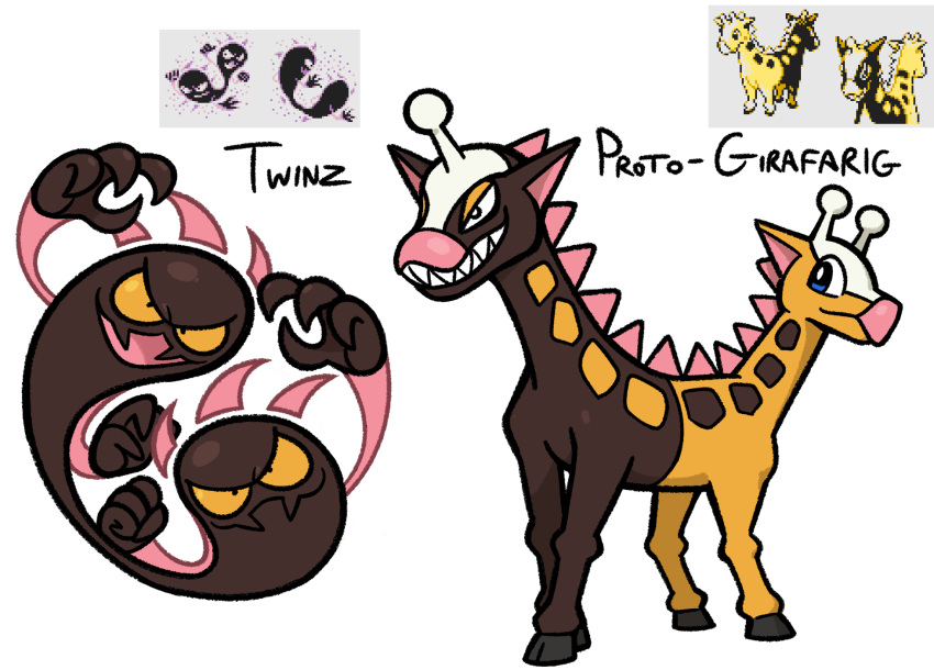 commentary creature english_commentary ghost girafarig_(beta) highres multiple_sources no_humans pokemon pokemon_(creature) pokemon_gsc_beta shenanimation simple_background twins_(pokemon_gsc_beta) white_background