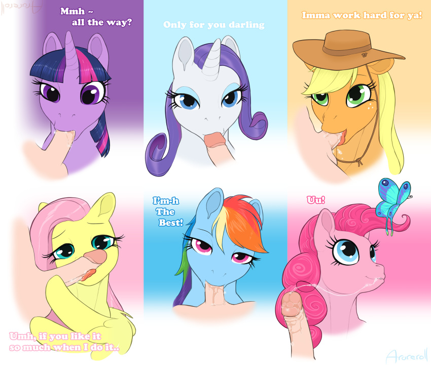 2018 ambiguous_gender applejack_(mlp) arareroll arthropod bestiality blue_eyes butterfly dialogue earth_pony english_text equine eyeshadow female feral fluttershy_(mlp) freckles friendship_is_magic green_eyes hair hat hi_res horn horse human human_on_feral insect interspecies looking_at_viewer makeup male male/female mammal multicolored_hair my_little_pony oral pegasus penis pink_hair pinkie_pie_(mlp) pony purple_eyes rainbow_dash_(mlp) rainbow_hair rarity_(mlp) sex text tongue tongue_out twilight_sparkle_(mlp) unicorn wings