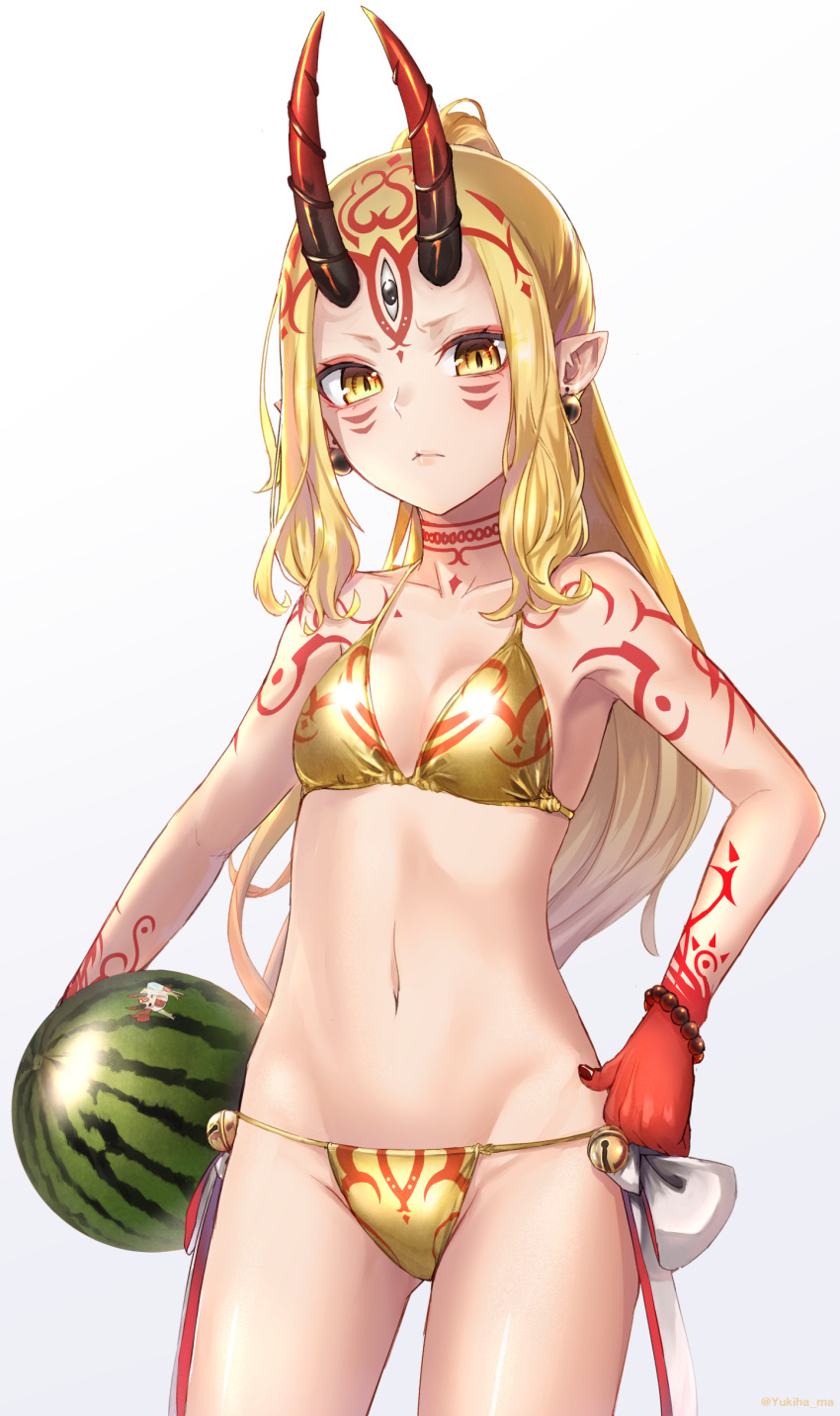 absurdres bell bikini blonde_hair breasts closed_mouth commentary_request earrings facial_mark fate/grand_order fate_(series) food fruit gradient gradient_background hand_on_hip highres holding holding_food horns ibaraki_douji_(fate/grand_order) jewelry jingle_bell legs_apart long_hair looking_at_viewer medium_breasts nail_polish navel oni oni_horns pointy_ears ponytail red_nails solo standing swimsuit tattoo third_eye watermelon yellow_bikini yellow_eyes yukihama