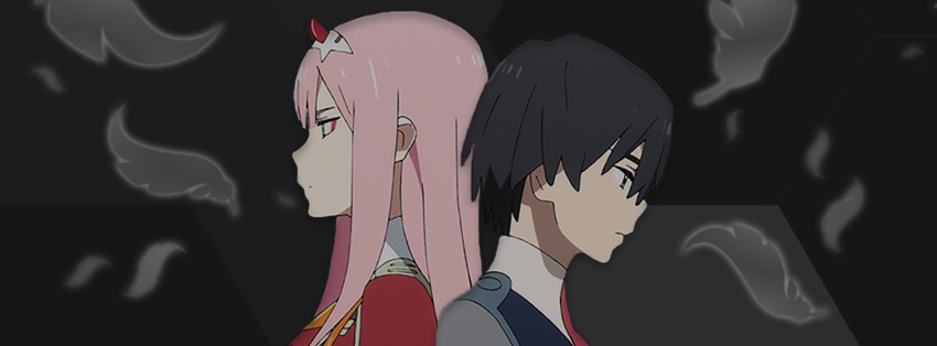 1boy 1girl back-to-back bangs black_hair blue_eyes couple darling_in_the_franxx feathers fringe gorakun green_eyes hair_ornament hairband hetero hiro_(darling_in_the_franxx) horns long_hair military military_uniform necktie oni_horns orange_neckwear pink_hair red_horns red_neckwear short_hair uniform white_hairband zero_two_(darling_in_the_franxx)