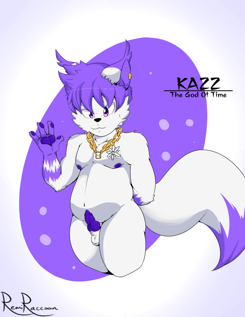 4_fingers anthro balls canine cel_shading character_name ear_piercing english_text erection fox fur hair hi_res jewelry kazz_(remiraccoon) knot looking_at_viewer male mammal navel necklace nipples nude pawpads penis piercing purple_eyes purple_fur purple_hair remiraccoon signature simple_background slightly_chubby small_penis solo text white_fur young