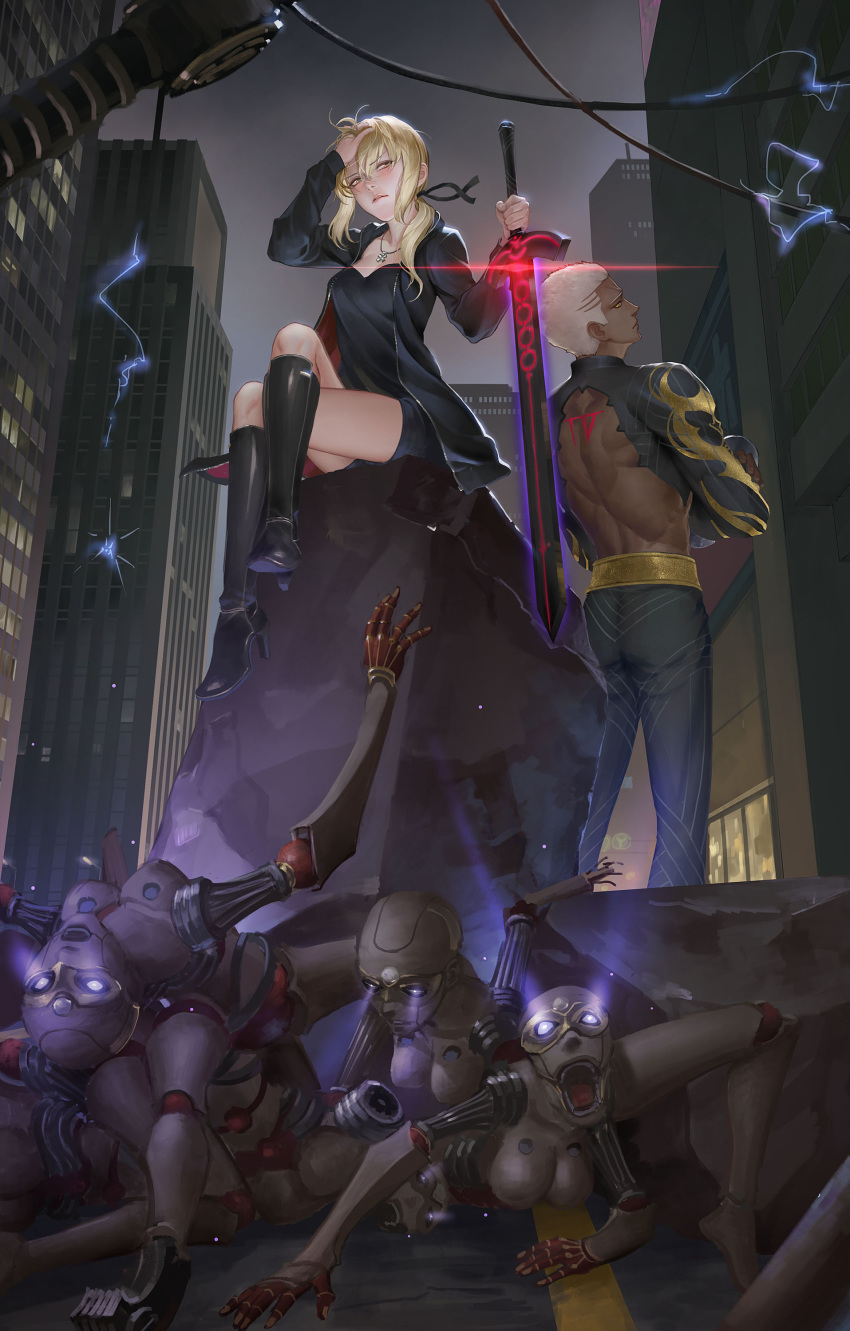 1girl absurdres artoria_pendragon_(all) black_footwear blonde_hair building casual city commentary_request dark_excalibur dark_skin emiya_alter fate/grand_order fate_(series) glowing glowing_sword glowing_weapon hair_ribbon highres jacket jewelry looking_at_viewer necklace night ponytail renyu1012 ribbon saber_alter shorts sitting sword weapon white_hair wicked_dragon_witch_ver._shinjuku_1999