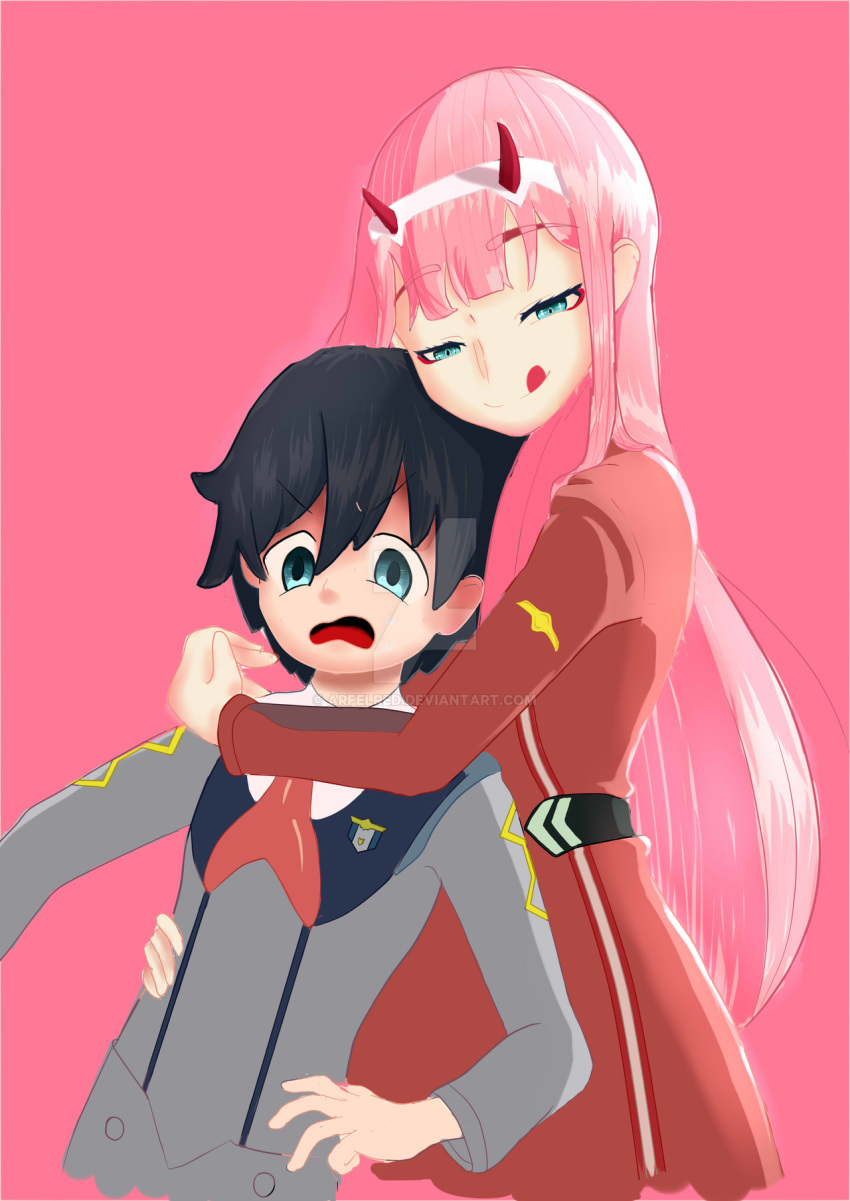 1boy 1girl arfelred bangs black_hair blue_eyes couple darling_in_the_franxx eyebrows_visible_through_hair fringe green_eyes hair_ornament hairband hetero hiro_(darling_in_the_franxx) horns hug_from_behind lipstick long_hair long_sleeves military military_uniform necktie oni_horns pink_hair red_horns red_neckwear short_hair tongue tongue_out uniform white_hairband zero_two_(darling_in_the_franxx)