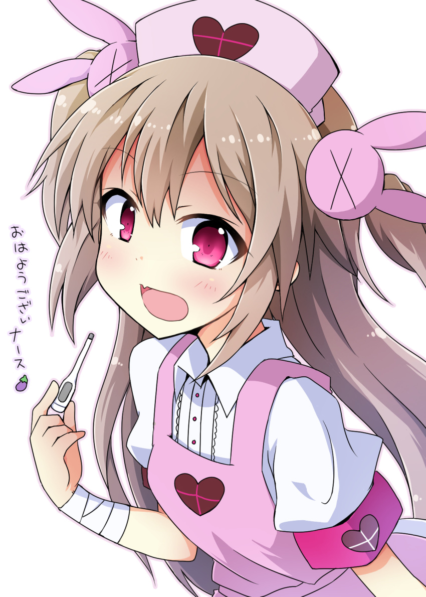 :d apron bandages bunny_hair_ornament commentary_request eyebrows_visible_through_hair hair_ornament hat heart highres light_brown_hair long_hair looking_at_viewer natori_sana nurse_cap open_mouth pink_apron pink_hat purple_eyes sana_channel short_sleeves simple_background smile solo translation_request two_side_up upper_body virtual_youtuber white_background yuuhi_alpha