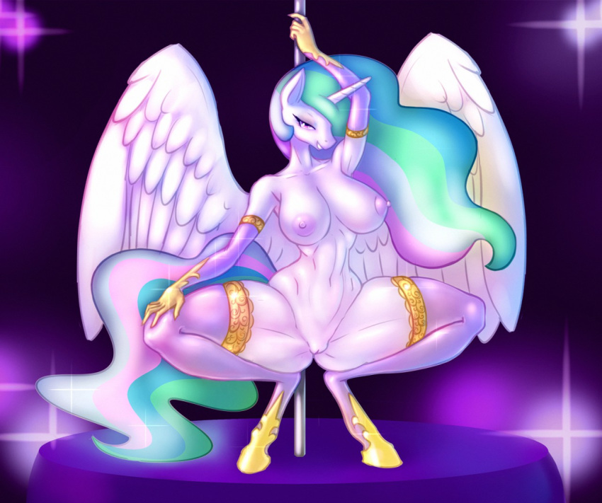 2018 anthro anthrofied armwear barely_visible_genitalia big_breasts breasts clothing crouching elbow_gloves equine feathered_wings feathers female friendship_is_magic gloves hair hair_over_eye horn legwear lens_flare long_hair looking_at_viewer mammal multicolored_hair my_little_pony navel nipples nude pole princess_celestia_(mlp) purple_eyes pussy sanfingulipunrapin simple_background smile solo spread_legs spreading stockings stripper_pole subtle_pussy thigh_highs winged_unicorn wings