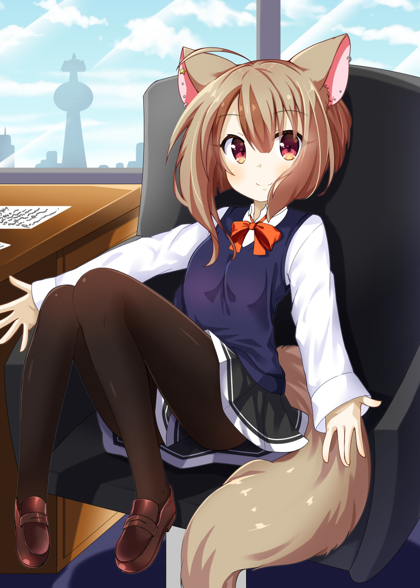 absurdres animal_ears black_legwear bow bowtie brown_hair chaakusu chair commentary_request ear_piercing fennery_(show_by_rock!!) fox_ears fox_tail highres indoors long_sleeves miniskirt multicolored_hair office_chair pantyhose paper piercing short_hair show_by_rock!! sitting skirt smile streaked_hair tail two-tone_hair vest