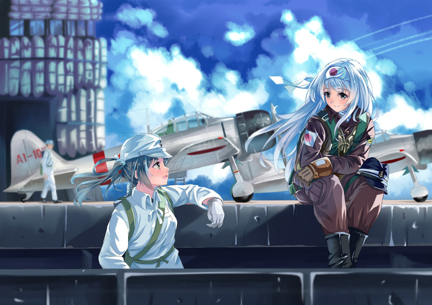 2girls a6m_zero aircraft_carrier alternate_costume black_footwear boots brown_pants gloves green_eyes green_hair hachimaki hairband hat hat_removed headband headwear_removed highres imperial_japanese_navy kantai_collection long_hair long_sleeves longmei_er_de_tuzi looking_at_another military military_hat military_uniform military_vehicle multiple_girls pants pilot_suit ship shoukaku_(kantai_collection) smile twintails uniform warship watercraft white_gloves white_hair white_hairband zuikaku_(kantai_collection)