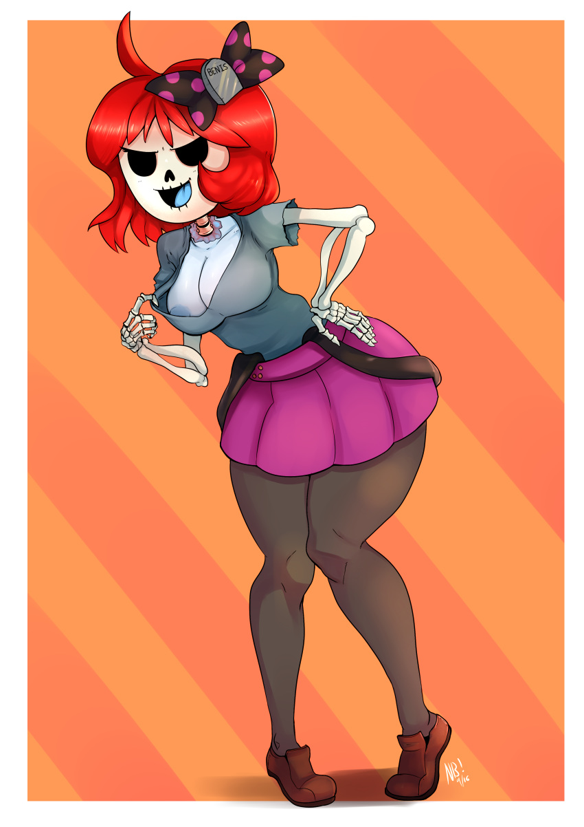 2016 animated_skeleton bone bow breasts cleavage clothed clothing female hair hair_bow hair_ribbon hand_on_hip hi_res monster_girl_gamu nerdbayne nipples not_furry red_hair ribbons shirt_pull skeleton skelly skirt smile solo tongue undead