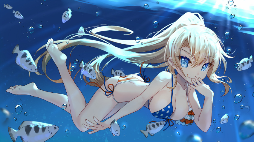 :q air_bubble american_flag_bikini animal archerfish_(zhan_jian_shao_nyu) bangs bare_arms bare_legs bare_shoulders barefoot bikini bison_cangshu blonde_hair blue_eyes breasts bubble cleavage closed_mouth collarbone day eyebrows_visible_through_hair fish fish_request flag_print front-tie_bikini front-tie_top hair_between_eyes hand_to_own_mouth hand_up high_ponytail highres long_hair looking_at_viewer medium_breasts outdoors ponytail side-tie_bikini smile soles solo sunlight swimsuit tongue tongue_out underwater very_long_hair water zhan_jian_shao_nyu