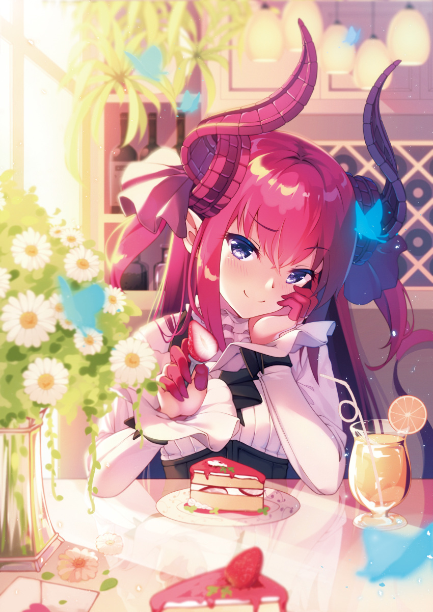 absurdres bangs bendy_straw blurry blurry_foreground blush bottle bug butterfly cake ceiling_light closed_mouth commentary_request corset crossed_bangs cup curled_horns day depth_of_field dragon_girl dragon_horns drinking_glass drinking_straw elizabeth_bathory_(fate) elizabeth_bathory_(fate)_(all) eyebrows_visible_through_hair fate/extra fate/extra_ccc fate_(series) flower food fork fruit hair_between_eyes hair_ribbon head_rest head_tilt highres holding holding_fork horns incoming_food indoors insect light_particles long_hair long_sleeves looking_at_viewer natsu97 orange orange_slice pink_hair plate pointy_ears purple_eyes purple_ribbon raised_eyebrow reflection ribbon shiny shiny_hair shirt sidelocks smile smug solo strawberry sunlight table two_side_up vase white_flower white_shirt window wine_bottle