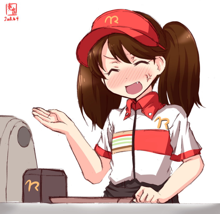 alternate_costume anger_vein artist_logo blush brown_hair cash_register closed_eyes commentary_request dated employee_uniform fang fast_food_uniform hat highres kanon_(kurogane_knights) kantai_collection logo_parody long_hair mcdonald's multicolored_shirt nose_blush open_mouth open_palm red_hat ryuujou_(kantai_collection) simple_background smile solo tray twintails uniform visor_cap white_background