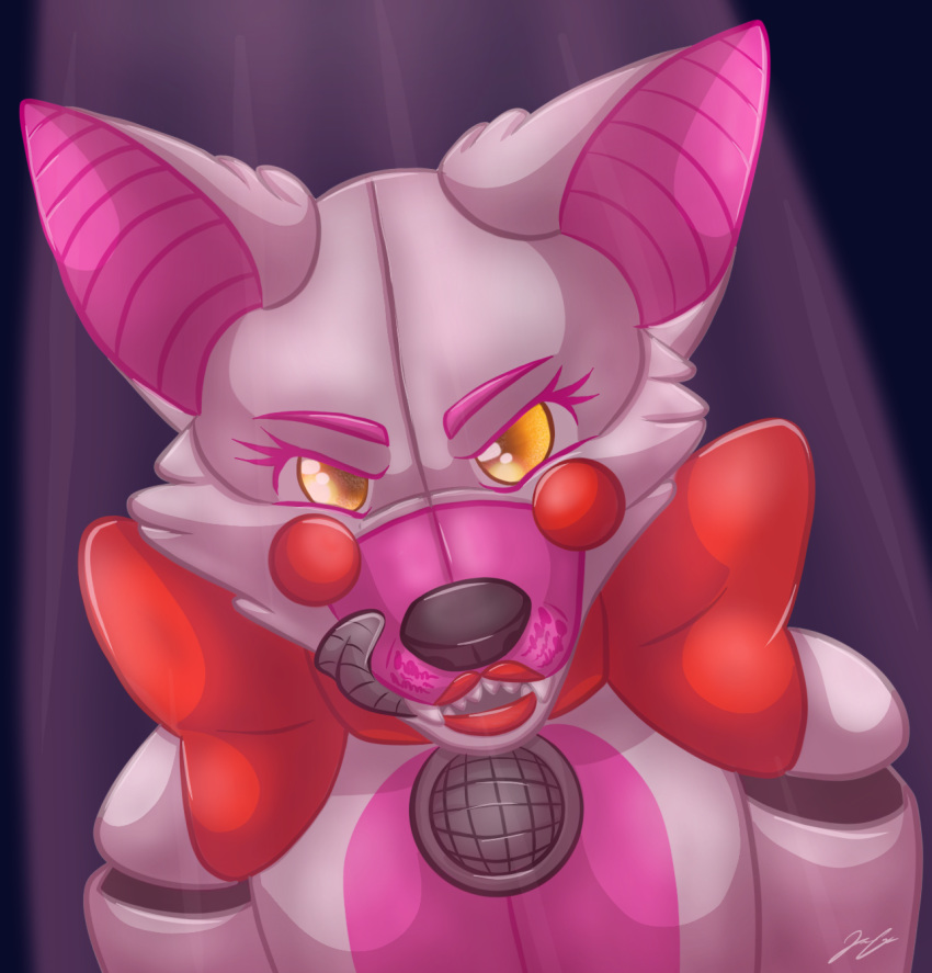 2016 animatronic anthro bow_tie canine digital_media_(artwork) fangs five_nights_at_freddy's fox funtime_foxy_(fnafsl) hi_res looking_at_viewer machine mammal robot sister_location snout solo tongue tongue_out video_games watermark