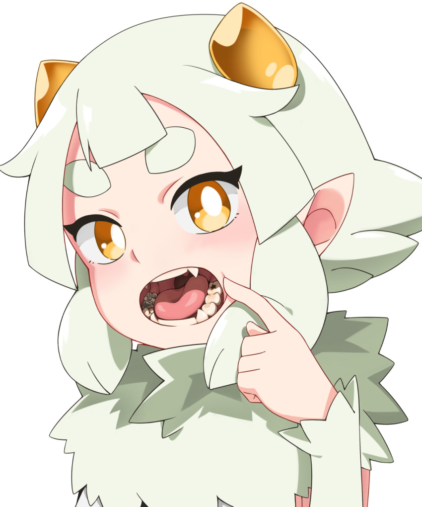 1girl cavity dental_filling fangs female kanon563 open_mouth original pointy_ears simple_background solo teeth tongue uvula white_background white_pupils yellow_eyes