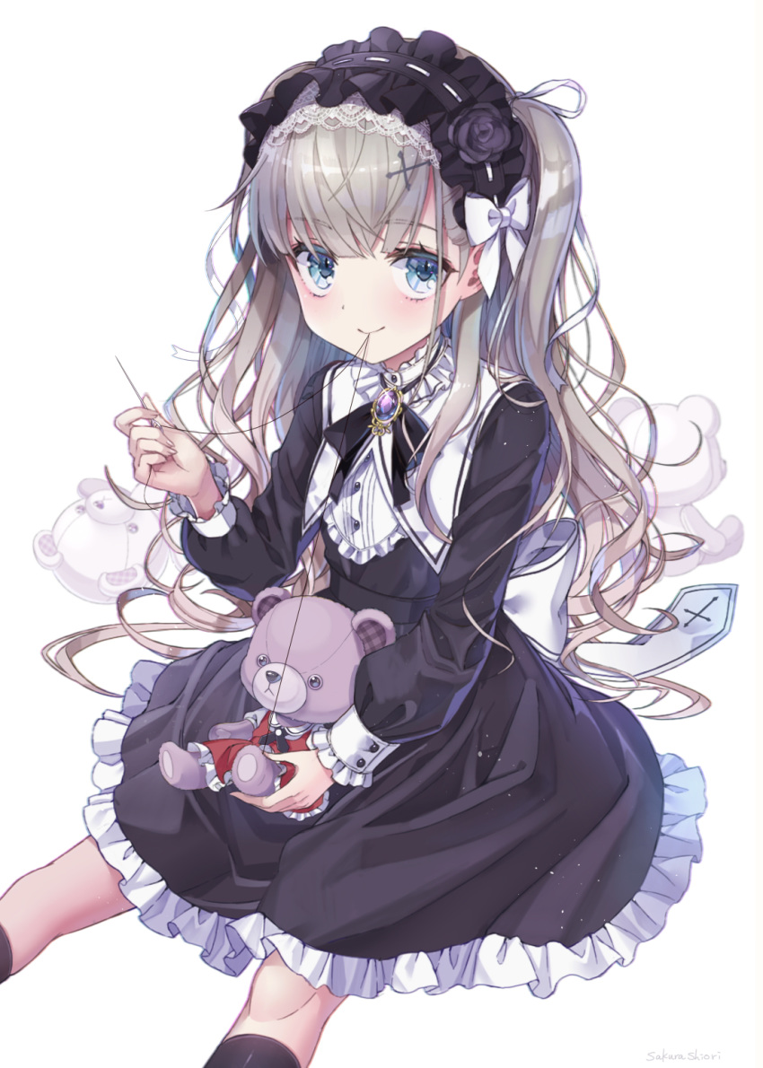 bad_id bad_pixiv_id bangs black_dress black_flower black_hairband black_neckwear black_rose blue_eyes bow brooch commentary_request dress eyebrows_visible_through_hair flower frilled_dress frilled_hairband frilled_shirt_collar frilled_skirt frills gothic_lolita grey_hair hair_bow hair_flower hair_ornament hairband highres jewelry lolita_fashion lolita_hairband long_hair long_sleeves mouth_hold neck_ribbon needle original ribbon ribbon-trimmed_hairband rose sewing sewing_needle shiori_(xxxsi) simple_background sitting skirt solo stuffed_animal stuffed_toy teddy_bear thread two_side_up white_background white_bow x_hair_ornament