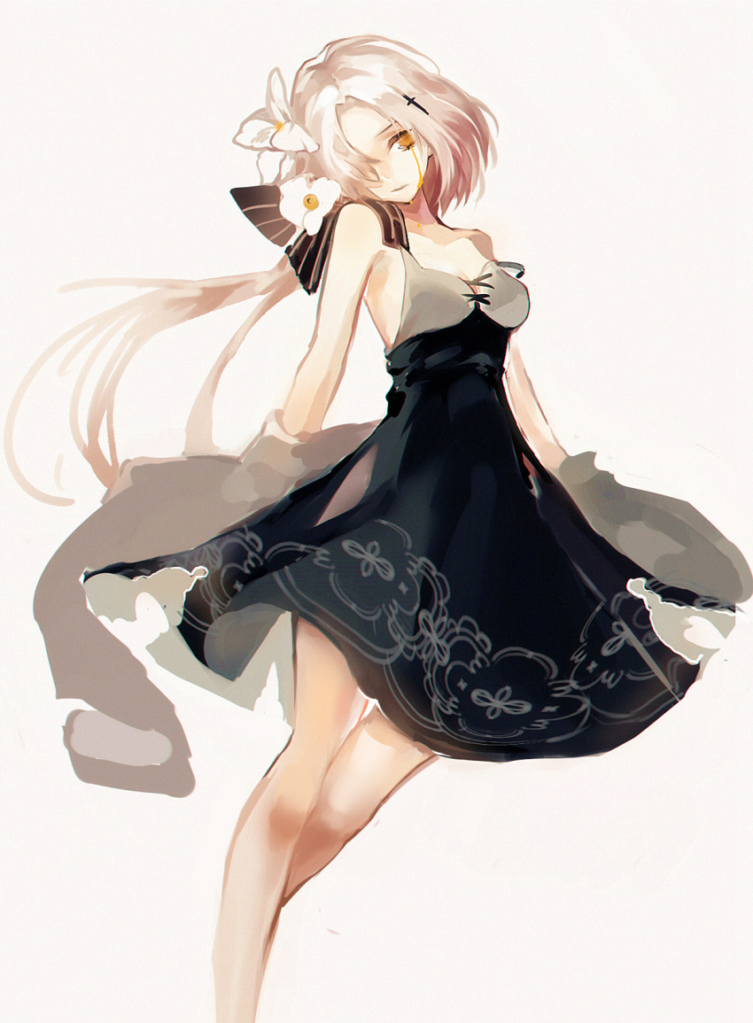 alternate_costume bangs black_dress blood blood_on_face bloody_tears breasts chinese_commentary cleavage closed_mouth collarbone commentary_request dress expressionless flower full_body girls_frontline gun hair_between_eyes hair_flower hair_ornament hair_over_one_eye hair_ribbon hanaka head_tilt highres jacket long_hair looking_at_viewer mole mole_under_eye off_shoulder on_floor orange_eyes petals ribbon rifle sidelocks simple_background solo steyr_aug_(girls_frontline) weapon