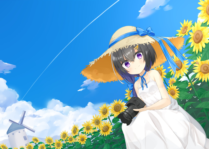 black_hair blush camera closed_mouth collarbone dress eyebrows_visible_through_hair flower hair_ornament hairclip hat holding holding_camera kavka looking_at_viewer original purple_eyes smile solo straw_hat sunflower white_dress windmill
