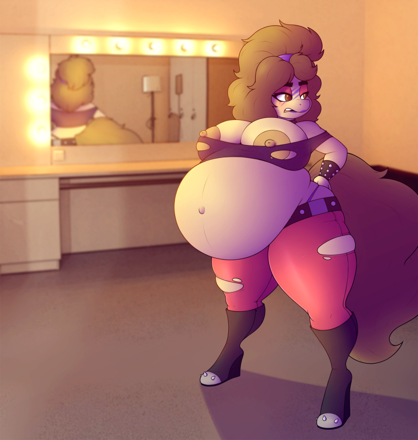 big_breasts boots breasts clothing equine fan_character female footwear hellen_lockheart horse lipstick makeup mammal my_little_pony pony pregnant rockstar solo stunnerpony thong torn_clothing