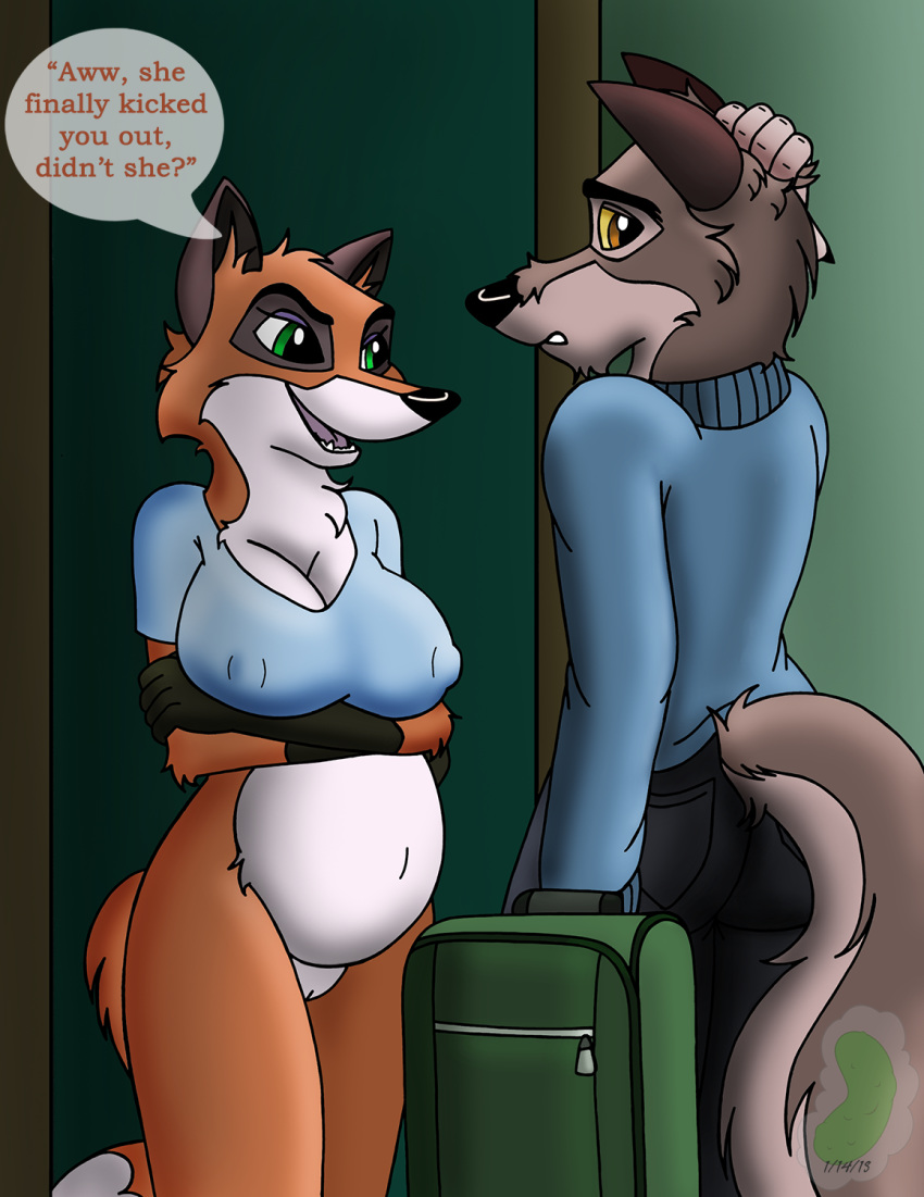 2018 anthro anthrofied balto balto_(film) blaze-lupine bottomless breasts canine cleavage clothed clothing cunning_trickster_(balto) dog duo english_text erection female fox green_eyes hybrid male mammal nipple_outline open_mouth partial_nudity pregnant pussy smile suitcase text trickster wolf yellow_eyes