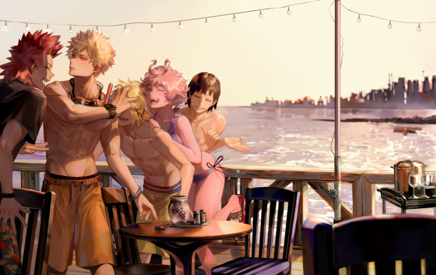 4boys abs arm_at_side ashido_mina bakugou_katsuki bikini blonde_hair boku_no_hero_academia brown_hair chair chest cityscape closed_eyes closed_mouth commentary covered_eyes cowboy_shot english_commentary goggles goggles_around_neck grin hand_on_another's_face hand_on_another's_shoulder hand_up hands_up horns kaminari_denki kirishima_eijirou leaning_forward leaning_on_person leg_up looking_at_another male_swimwear multiple_boys navel ocean open_mouth outdoors pants pink_hair pink_skin pointing pointing_at_self red_hair sandals scenery sero_hanta sharp_teeth shirt short_hair short_sleeves side-tie_bikini side-tie_bottom sky smile spiked_hair standing standing_on_one_leg stomach sunset swim_trunks swimsuit swimwear t-shirt table taro-k teeth toes water |d