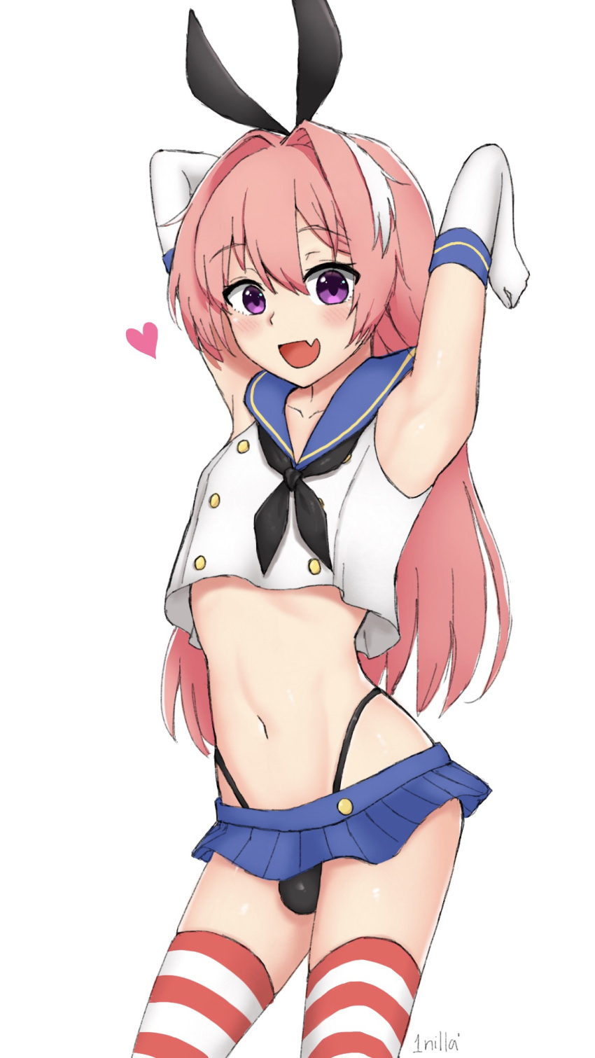 1nilla' :d alternate_hairstyle armpits arms_behind_head artist_name astolfo_(fate) black_bow black_panties black_ribbon blue_sailor_collar blue_skirt blush bow bulge commentary cosplay crop_top crossdressing elbow_gloves eyebrows_visible_through_hair fang fate/apocrypha fate/grand_order fate_(series) gloves hair_between_eyes hair_intakes hair_ribbon highleg highleg_panties highres kantai_collection long_hair looking_at_viewer male_focus microskirt multicolored_hair navel open_mouth otoko_no_ko panties pink_hair purple_eyes ribbon sailor_collar shimakaze_(kantai_collection) shimakaze_(kantai_collection)_(cosplay) simple_background skirt smile solo stomach straight_hair streaked_hair striped striped_legwear thighhighs underwear white_background white_gloves