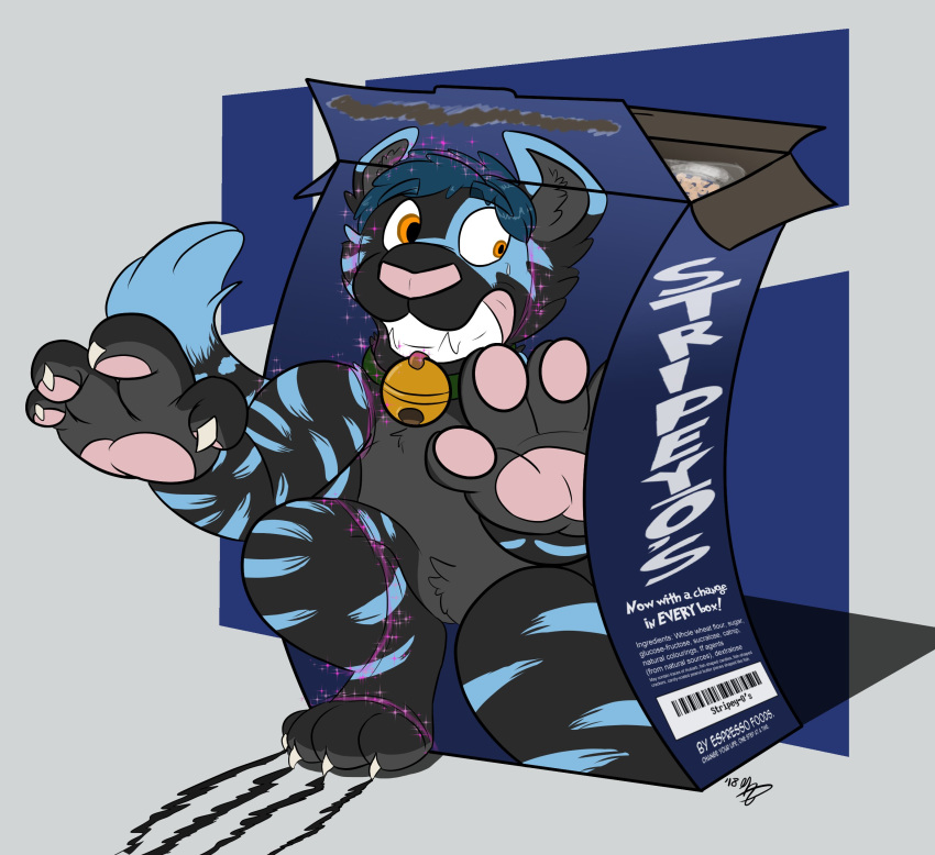 ! 2018 4_fingers 4_toes absurd_res anthro bell black_fur blue_fur blue_hair cat cereal claws collar digital_drawing_(artwork) digital_media_(artwork) dipstick_tail english_text featureless_crotch feline food fur green_collar hair hi_res hindpaw kehei magic male mammal markings multicolored_fur multicolored_tail nude orange_eyes pawpads paws pink_nose sige simple_background solo striped_fur striped_tail stripes teeth text toe_claws toes toony transformation two_tone_fur two_tone_tail