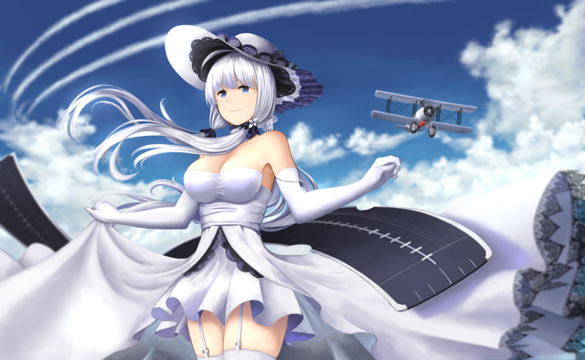 aircraft airplane azur_lane bare_shoulders blue_eyes breasts cleavage closed_mouth day dress elbow_gloves flight_deck garter_straps gloves hair_ribbon hat highres illustrious_(azur_lane) large_breasts long_hair looking_at_viewer onita outdoors ribbon sidelocks solo thighhighs tress_ribbon white_dress white_gloves white_hair white_hat