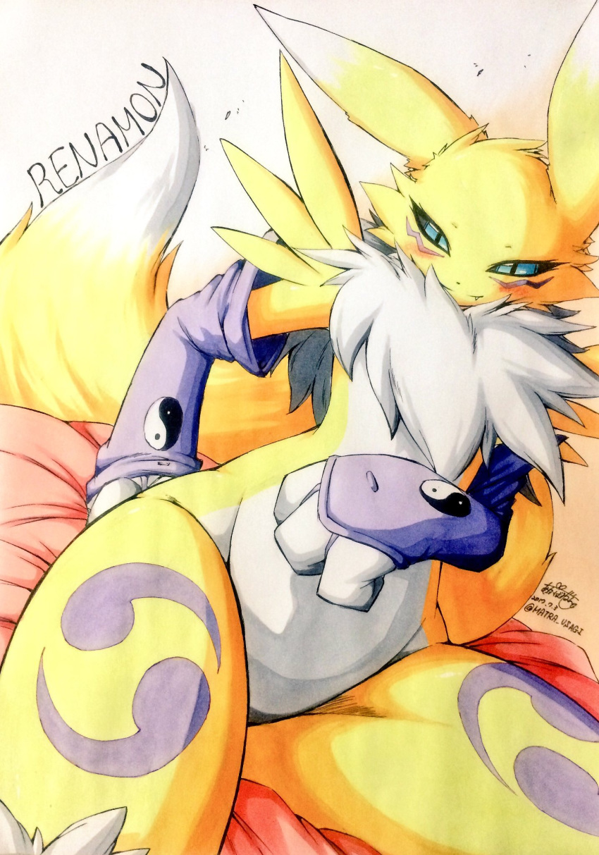 2017 black_sclera blue_eyes blush canine clothing digimon featureless_crotch fox fur jinya mammal pose renamon sitting traditional_media_(artwork) tuft video_games white_fur yellow_fur あかばね_じん