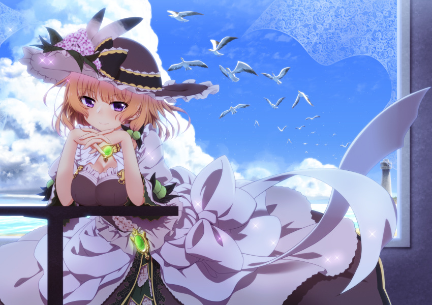 animal bird black_hat blue_sky bow breast_rest breasts cleavage closed_mouth cloud commentary_request curtains day dress elbow_rest elbows_on_table eyebrows_visible_through_hair flower flower_knight_girl frilled_dress frills gem hair_bobbles hair_ornament hat hat_flower interlocked_fingers large_breasts looking_at_viewer maronie_(flower_knight_girl) medium_hair mizunashi_(second_run) orange_hair own_hands_together puffy_short_sleeves puffy_sleeves purple_eyes purple_flower seagull short_sleeves sky smile sparkle sun_hat table white_bow