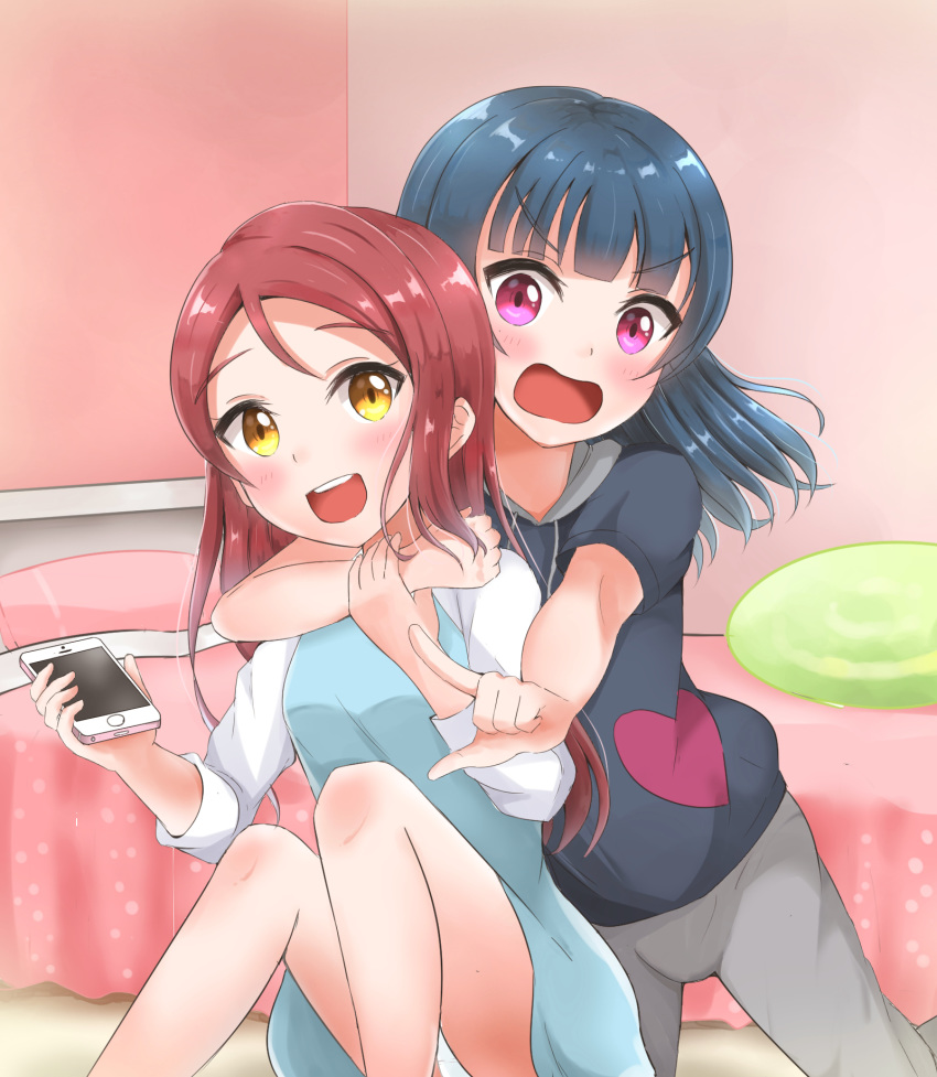 :d alternate_hairstyle arm_around_neck bangs bed bedroom blue_dress blue_hair blunt_bangs blush cellphone commentary_request cushion dress grey_pants hand_on_another's_arm highres holding holding_phone hood hood_down hoodie indoors long_hair long_sleeves love_live! love_live!_sunshine!! multiple_girls open_mouth panties pants pantyshot pantyshot_(sitting) phone pointing purple_eyes raglan_sleeves red_hair round_teeth sakurauchi_riko short_sleeves sin_(sin52y) sitting smartphone smile teeth tsushima_yoshiko underwear upper_teeth v-shaped_eyebrows white_panties yellow_eyes